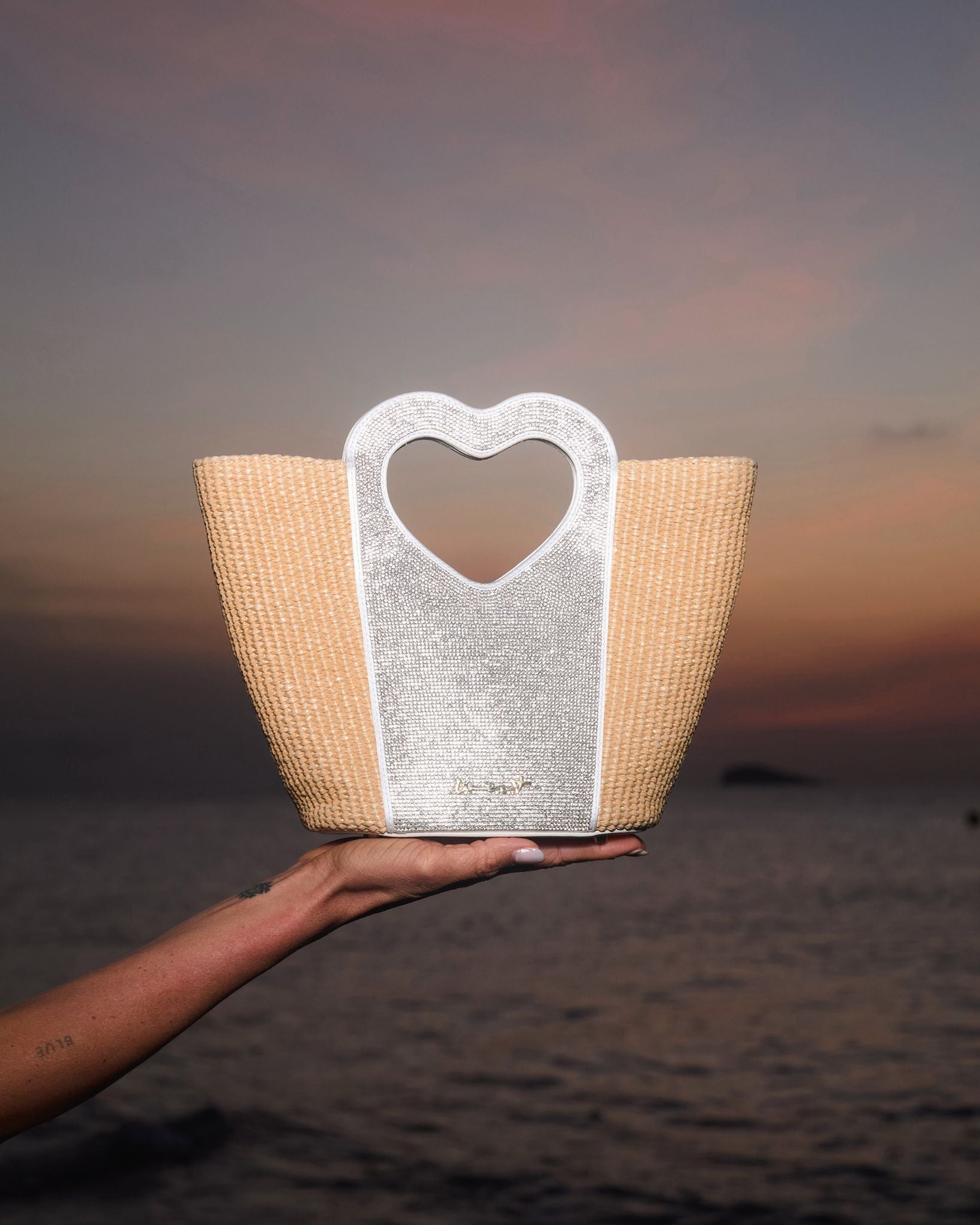 Mini Tote Heart Raffia Crystal
